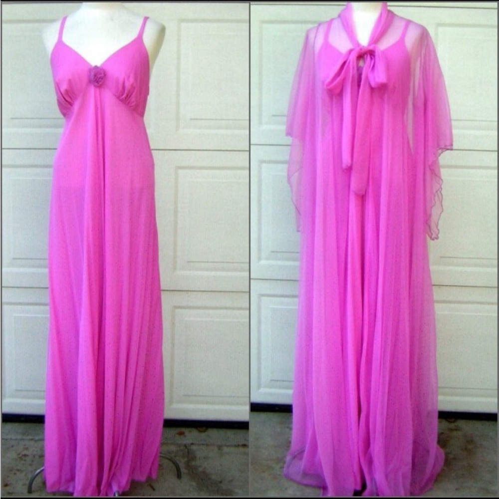 Vintage Lane Bryant Tall Shop Pink Nylon Peignoir Set-Sheer Robe+ Nightgown XL